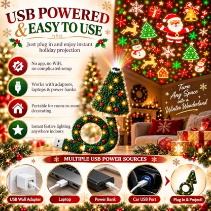 Christmas Projector Light - USB Powered Ceiling Projection with 6 Patterns - Red Variation