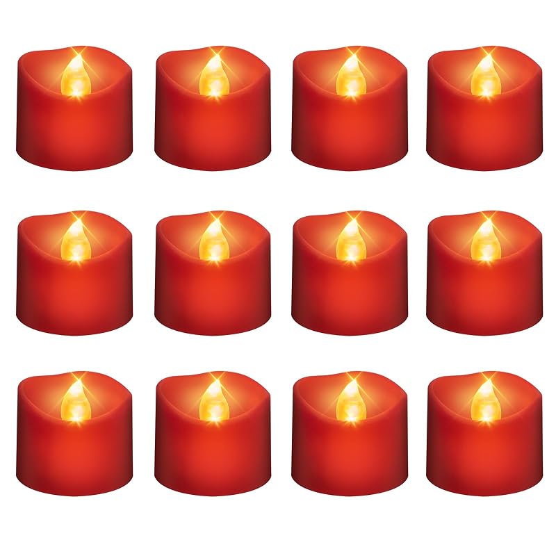 Red Base Warm White Flickering LED Tea Lights, 6H Auto Timer - 12 Pack (Variation: Red)