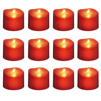 Red Base Warm White Flickering LED Tea Lights, 6H Auto Timer - 12 Pack (Variation: Red)