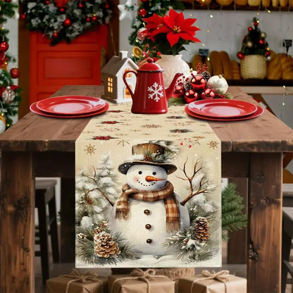 Multi Color Xmas Snowman Pine Cone Snowflake Table Runner 13x90 Inch Holiday Decor