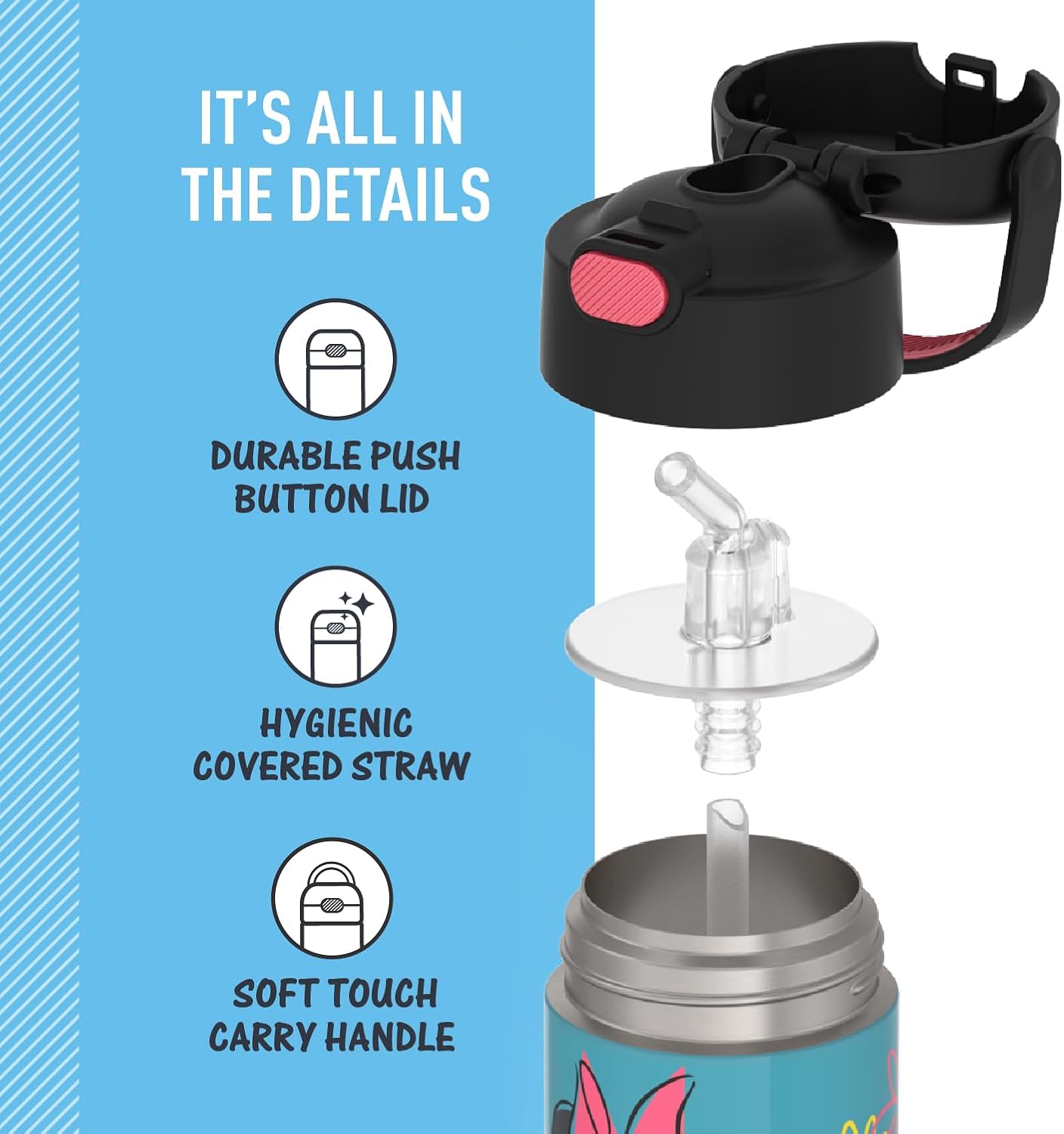 THERMOS FUNTAINER Water Bottle - 12 Ounce Stainless Steel Insulated Kids Bottle with Straw | Minnie Mouse Design