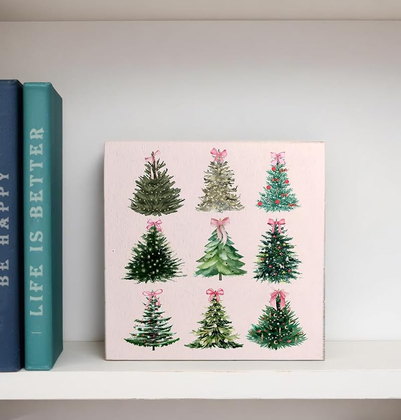 Pink Christmas Decor Coquette Pink Bow Wooden Sign - H Christmas Tree Sign