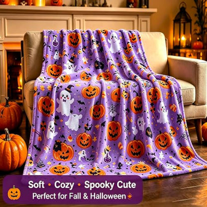 Halloween Throw Blanket Soft Flannel Ghost Pumpkin Decor for Couch Bed - Purple Pumpkin & Ghosts 40x50