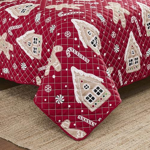 Christmas Full Queen Quilt Set with Pillowcases - Holiday Gingerbread Design