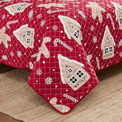 Christmas Full Queen Quilt Set with Pillowcases - Holiday Gingerbread Design