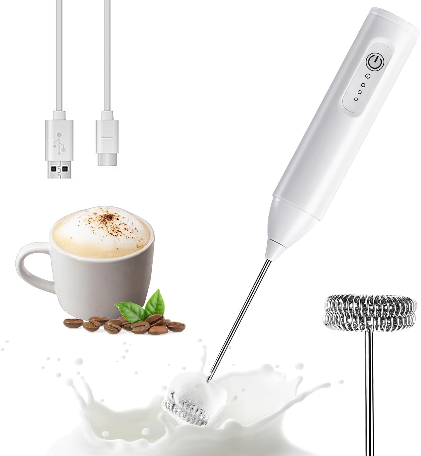 Skiennix Rechargeable Milk Frother - USB-C Coffee Foam Maker with Stainless Steel Whisk | 3 Speeds, White