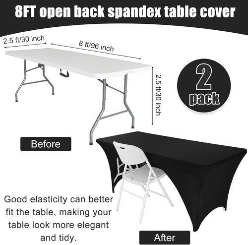 Fivenl 2 Pack Spandex Tablecloths - Black Stretch Fitted Covers for 8FT Tables | 96 x 30 Inch, Washable