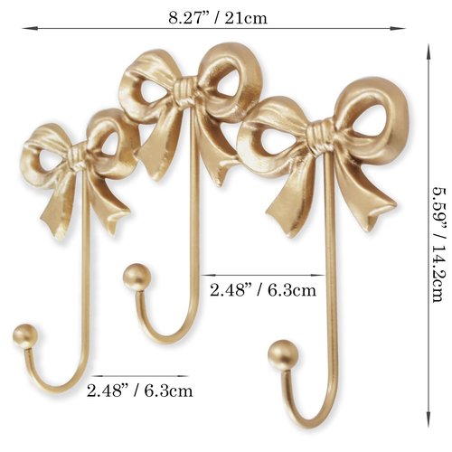 Small Bow Wall Hook,Gold Wall Mounted Functional Hooks,Antique Gold Cast Iron Hook for Coats,Bags, Bath Towels,Room Decorations,Girls Room,Bathroom,Office(Three-Bows Hooks:8.27x5.59 inches)