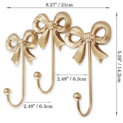 Small Bow Wall Hook,Gold Wall Mounted Functional Hooks,Antique Gold Cast Iron Hook for Coats,Bags, Bath Towels,Room Decorations,Girls Room,Bathroom,Office(Three-Bows Hooks:8.27x5.59 inches)