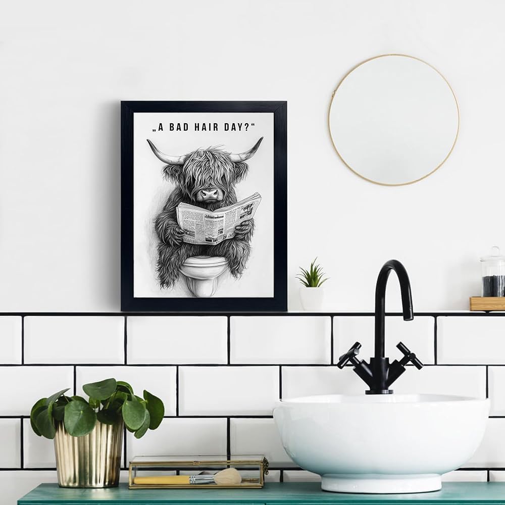 Orvannaatr Highland Cow Wall Art - Humorous Sketch of Cow on Toilet | Fun Bathroom Décor
