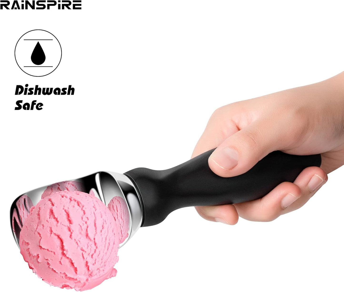 Rainspire Ice Cream Scoop - Heavy Duty Stainless Steel with Comfortable Handle | Black Color for Gelato and Sorbet