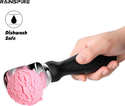 Rainspire Ice Cream Scoop - Heavy Duty Stainless Steel with Comfortable Handle | Black Color for Gelato and Sorbet
