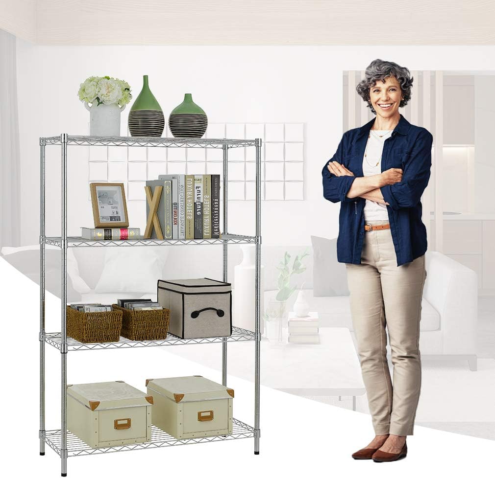 BestOffice | 4-Tier Wire Storage Shelves | Heavy-Duty Metal | 36x14x54 | Chrome Finish | No-Tool Assembly for Home & Garage