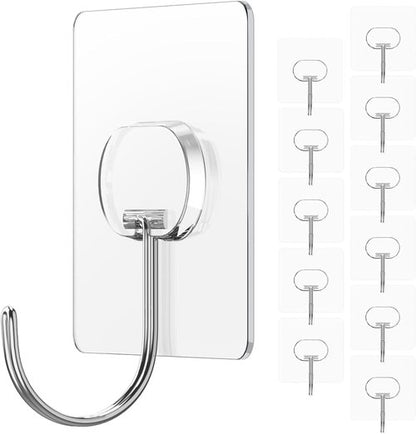 JINSHUNFA Heavy Duty Adhesive Wall Hooks - 13LB Capacity, No Drill, Waterproof, 12 Pack for Bathroom & Kitchen