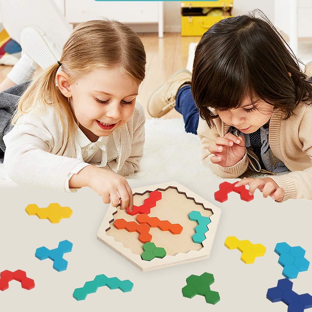Skrtuan Wooden Blocks Puzzle - Hexagon Brain Teaser for Kids & Adults | STEM Educational Toy