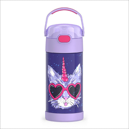 THERMOS FUNTAINER Water Bottle - 12 Ounce Kids Stainless Steel Insulated Bottle with Straw | Cool Caticorns Design
