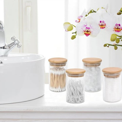 BKYFPQ Glass Qtip Holder Dispenser Set - 4 Apothecary Jars with Lids for Makeup & Bathroom Storage