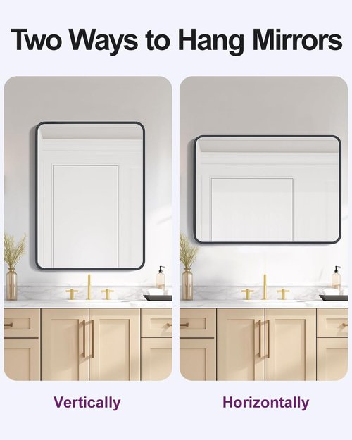 DMWOODFL 36"x24" Wall Mounted Bathroom Vanity Mirror, Rounded Rectangle Matte Black Metal Frame Mirror, Anti-Rust Tempered Glass, Horizontal Vertical Hanging Modern Farmhouse Mirror for Bathroom