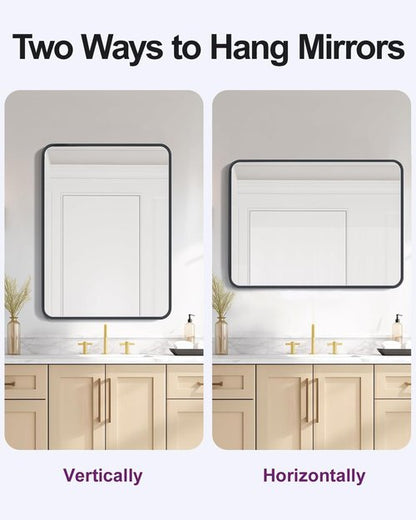 DMWOODFL 36"x24" Wall Mounted Bathroom Vanity Mirror, Rounded Rectangle Matte Black Metal Frame Mirror, Anti-Rust Tempered Glass, Horizontal Vertical Hanging Modern Farmhouse Mirror for Bathroom