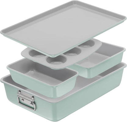 T-fal Ceramic Nonstick Baking Pans Set - 5 Pieces, Stackable Bakeware in Mint Green for Muffins & Roasting