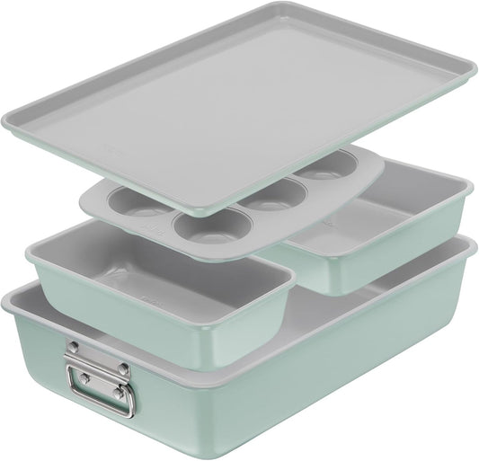T-fal Ceramic Nonstick Baking Pans Set - 5 Pieces, Stackable Bakeware in Mint Green for Muffins & Roasting