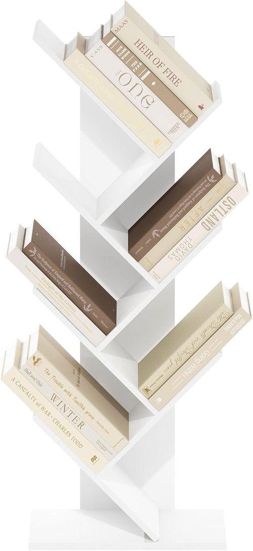 Furinno 7-Tier Tree Bookshelf - Stylish Angled Open Design for Room Decor | White, 8.4 x 15.7 x 39.4 Inches