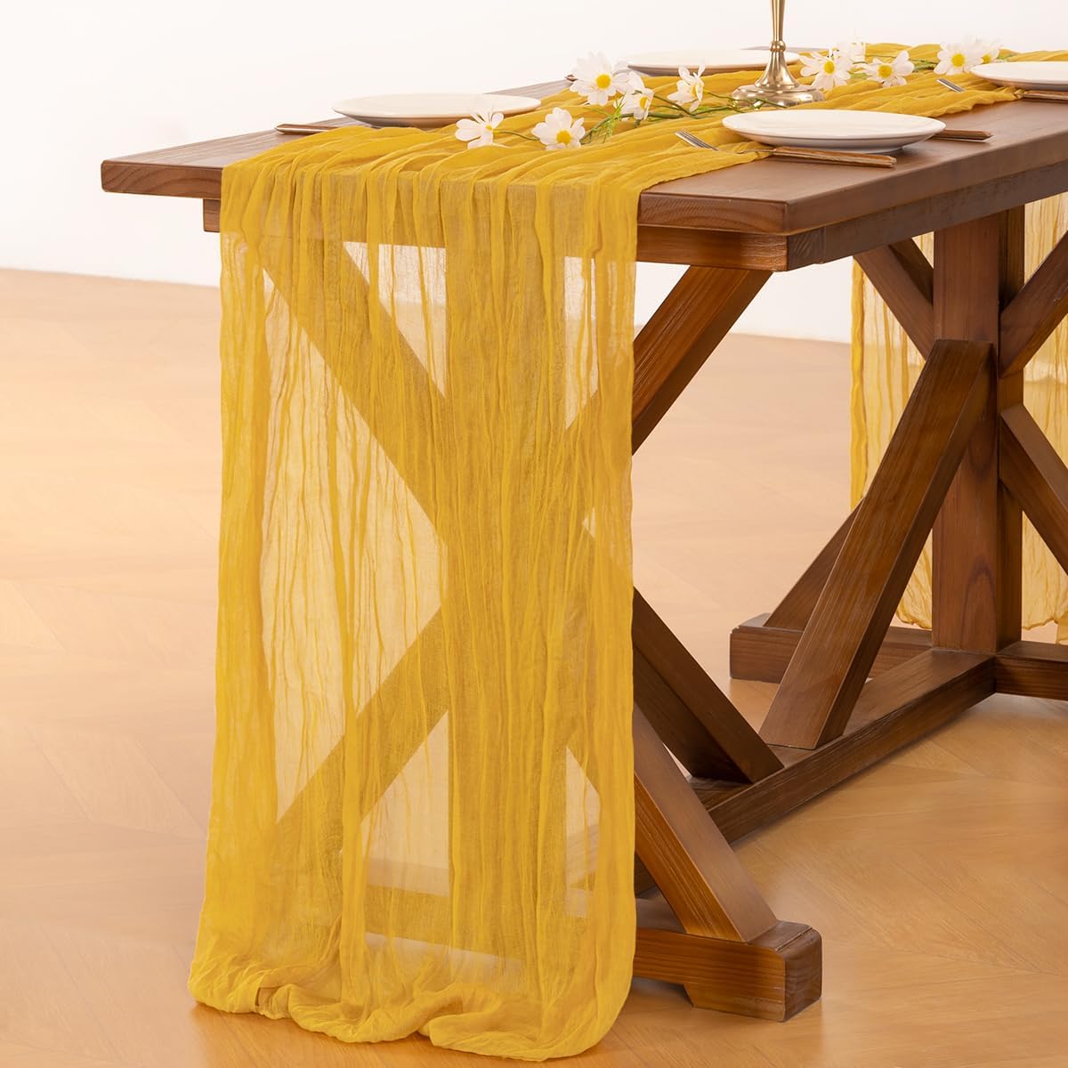 Socomi Cheesecloth Table Runner - 120 Inch Gold Yellow Boho Rustic Sheer Decor for Weddings & Events