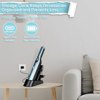 Skiennix Handheld Cordless Vacuum Cleaner - 18KPa Suction Power, Quick-Charge with LED Headlight, Blue