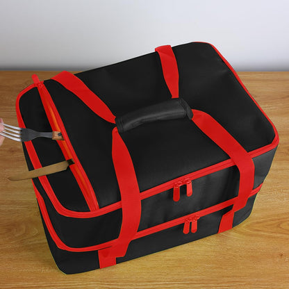 Bodaon 1Pk Insulated Casserole Carrier for Hot or Cold Food, Fits 9"x13" and 11"x15" Baking Dish with Lid, Insulated Food Carriers for Transport, Food Warmer Bags (Double Decker, Black-Red Edge)