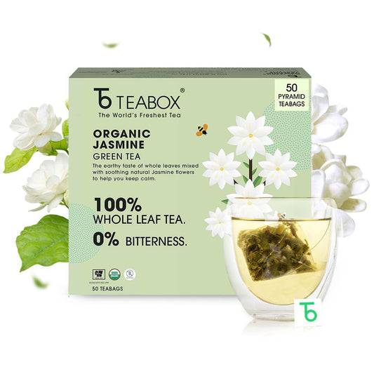 Teabox Premium ORGANIC Green Tea With Jasmine Flowers And Natural Flavours | 100% Whole Leaf Green Tea From The Himalayas | USDA ORGANIC (50 Count (Pack of 1))