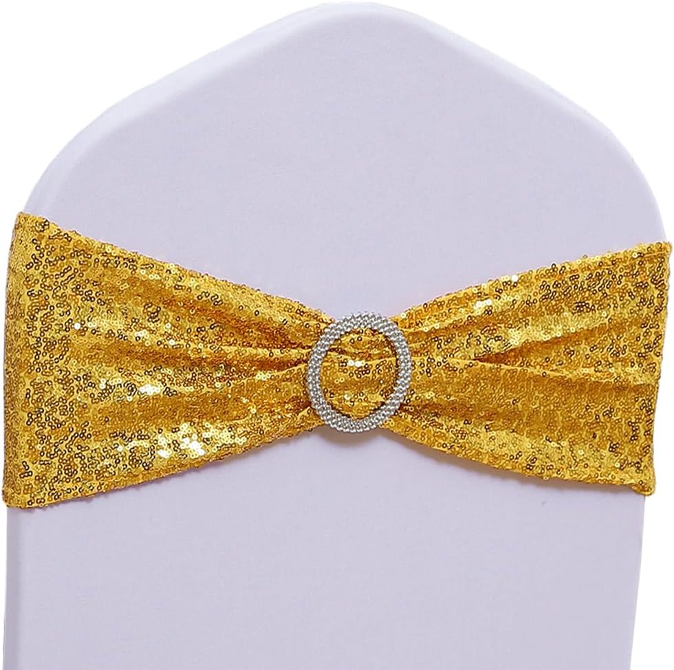 Sequin Gold Chair Sashes by Pack of 50 | Spandex Bands with Buckles for Weddings & Parties