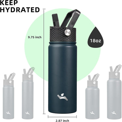 Skiennix 18 oz Insulated Stainless Steel Water Bottle - Durable Sport Bottle with 3 Lids | Navy Blue