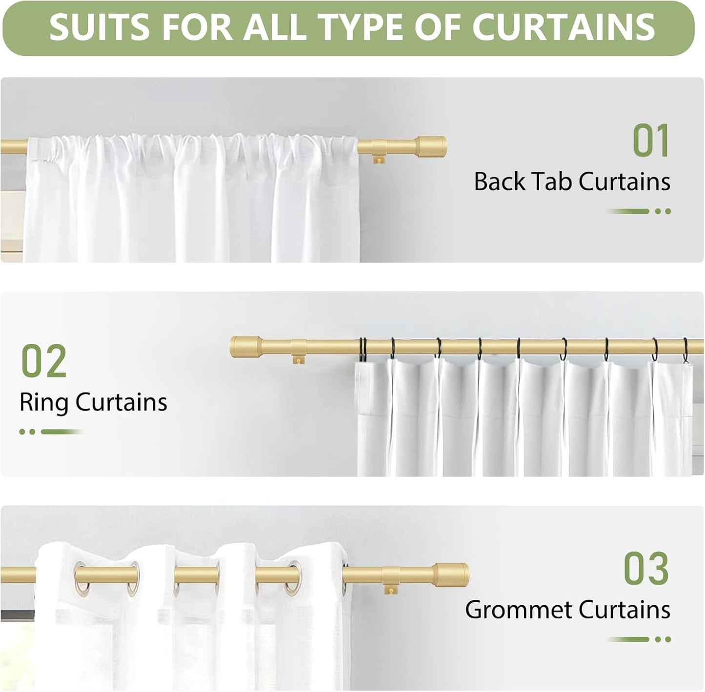 Skiennix Adjustable Gold Curtain Rods - 5/8” Diameter, 30-60 Inch for 30-54 Inch Windows