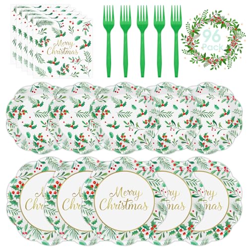 Christmas 96-Piece Disposable Tableware Set with Plates Napkins Forks - Holly Leaves Red Berries, Party Supplies, Variation: Christmas-96p
