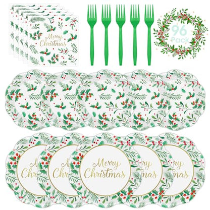 Christmas 96-Piece Disposable Tableware Set with Plates Napkins Forks - Holly Leaves Red Berries, Party Supplies, Variation: Christmas-96p
