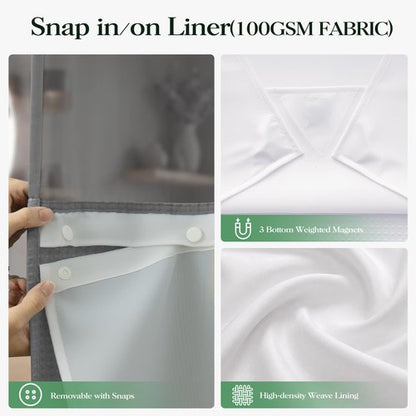 Dynamene Grey Hook Free Shower Curtain & Snap in Fabric Liner with Magnets, Waffle Weave Shower Curtains for Bathroom, Mesh Top Window, Less Time 3 in 1 Shower Curtain and Liner Set, 72" W x 75" L