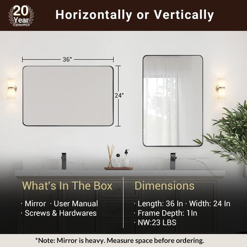 ANDY STAR Bathroom Wall Mirror - 24x36 Inch Black Stainless Steel Frame with Rounded Corners