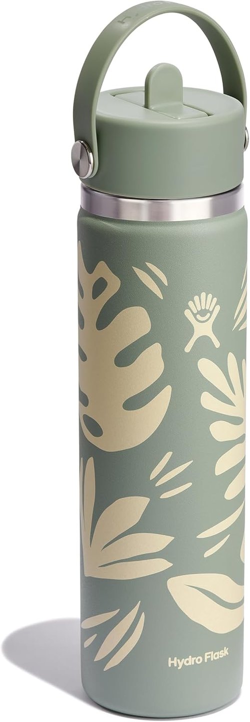 Hydro Flask Water Bottle - Insulated Stainless Steel - 24 Oz Wide Mouth with Flex Straw Lid | Botanical Bliss Agave