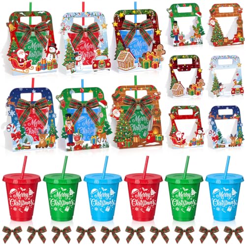 Christmas Plastic Tumblers 16oz Bulk Set with Gift Boxes & Ribbons - 24 Pack