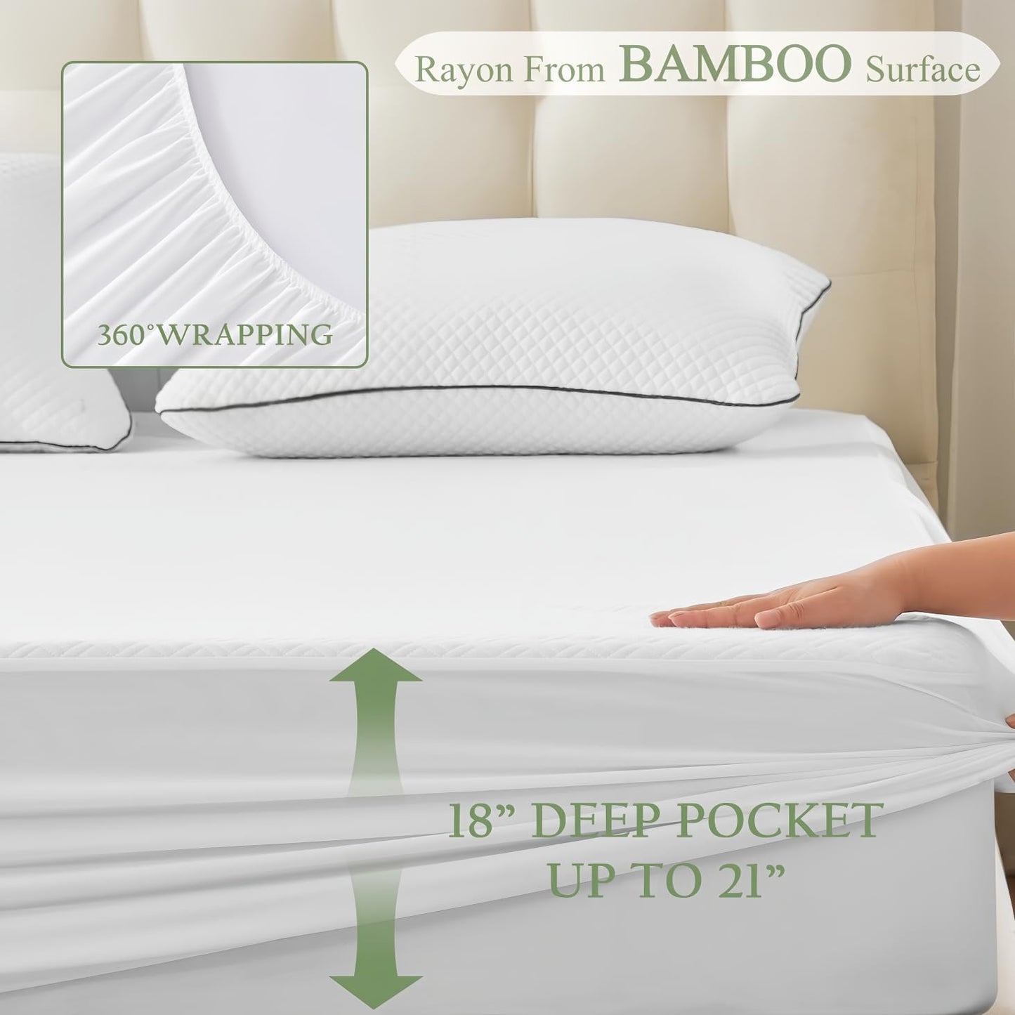 Skiennix Waterproof Mattress Protector - Queen Size Bamboo Viscose Cooling Pad | Breathable & Noiseless, Fits 8''-21'' Deep Mattresses