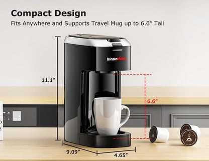 Bonsenkitchen Single Serve Coffee Maker, Coffee Brewer for K Cup Capsule, Fast Brewing Coffee Machine, Space Saving Design, 6 to 14oz Brew Size, Fits 6.6" Travel Mugs, Silver