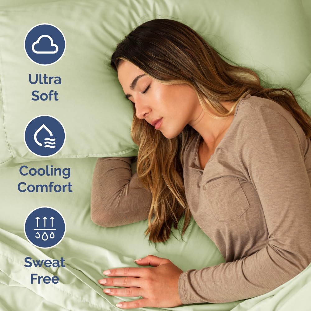 Short Queen Size 4 Piece Sheet Set - RV Short Queen, Soft, Breathable & Cooling Bed Sheets Set with Deep Pockets - Hotel Luxury Bedding for Women, Men, Kids, Teens, Boys and Girls - Light Sage Green