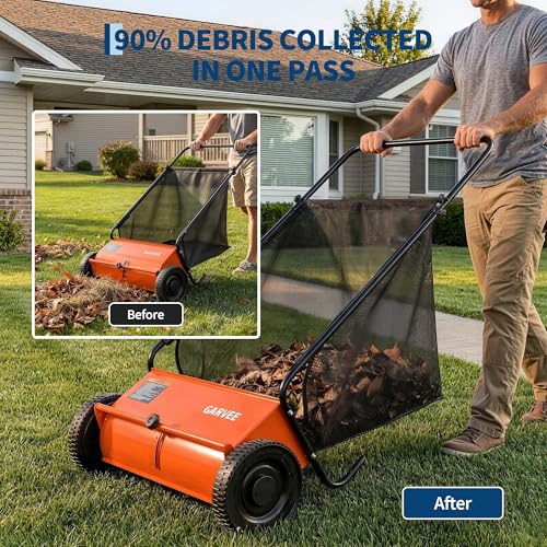 Orange Garvee 26-Inch Push Lawn Sweeper with 7Cu.ft Leaf & Grass Hopper Bag