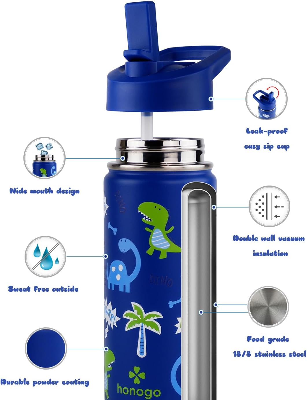 Skiennix 16 oz Stainless Steel Kids Water Bottle - Leak Proof Thermal Flask with Straw Lid | Cute Blue Dino Design for School
