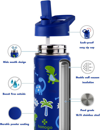 Skiennix 16 oz Stainless Steel Kids Water Bottle - Leak Proof Thermal Flask with Straw Lid | Cute Blue Dino Design for School