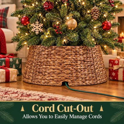 24 Inch Woven Water Hyacinth Wicker Christmas Tree Collar Basket with Cord Cutout