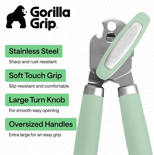 Gorilla Grip Heavy Duty Can Opener - Stainless Steel, Smooth Edge, Comfortable Handle | Mint Color