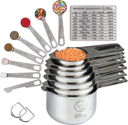 Stainless Steel Measuring Cups Set by Skiennix | 16-Piece Kitchen Set with Conversion Chart & Leveler