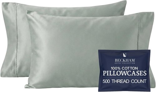 Beckham Hotel Collection Pillowcases - Queen Size Set of 2 | Cool Touch Cotton Sateen, 500TC, Aqua Gray