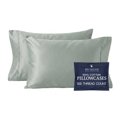Beckham Hotel Collection Pillowcases Queen Size Set of 2, Cool Touch Cotton Sateen Fabric, 500TC, Silky Smooth & Soft, Open End, Aqua Gray